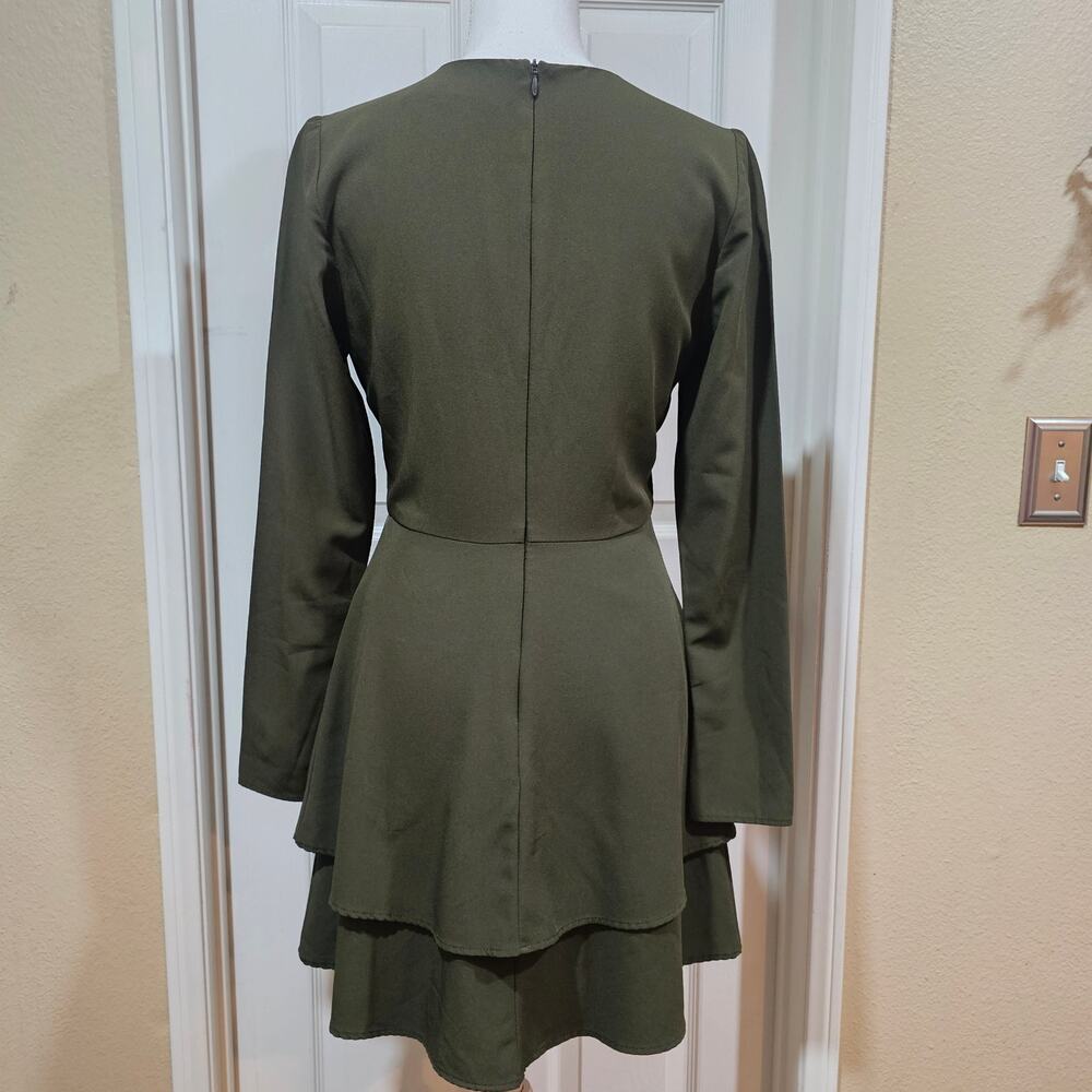 Hutch Olive Green Long Sleeve Tiered Mini Dress Size 4 - Picture 5 of 7